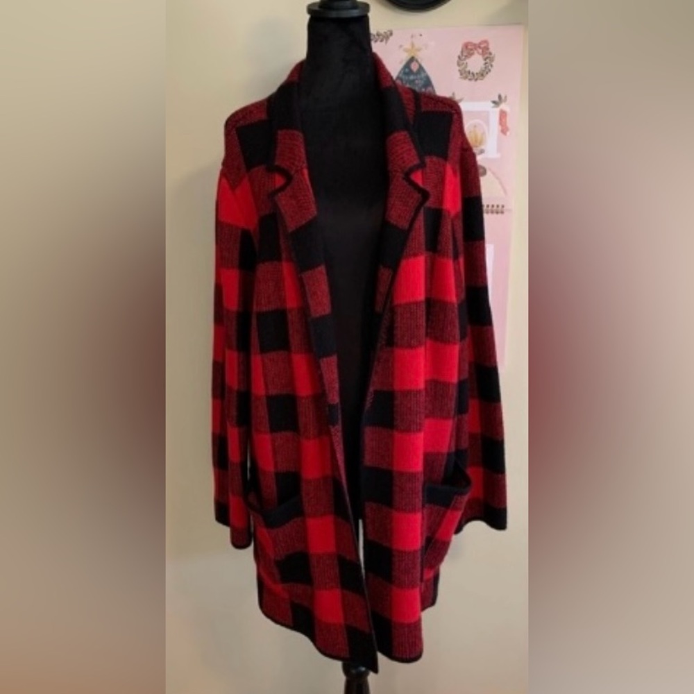 Talbots Red and Black Buffalo Check Long-length Cardigan/Coat